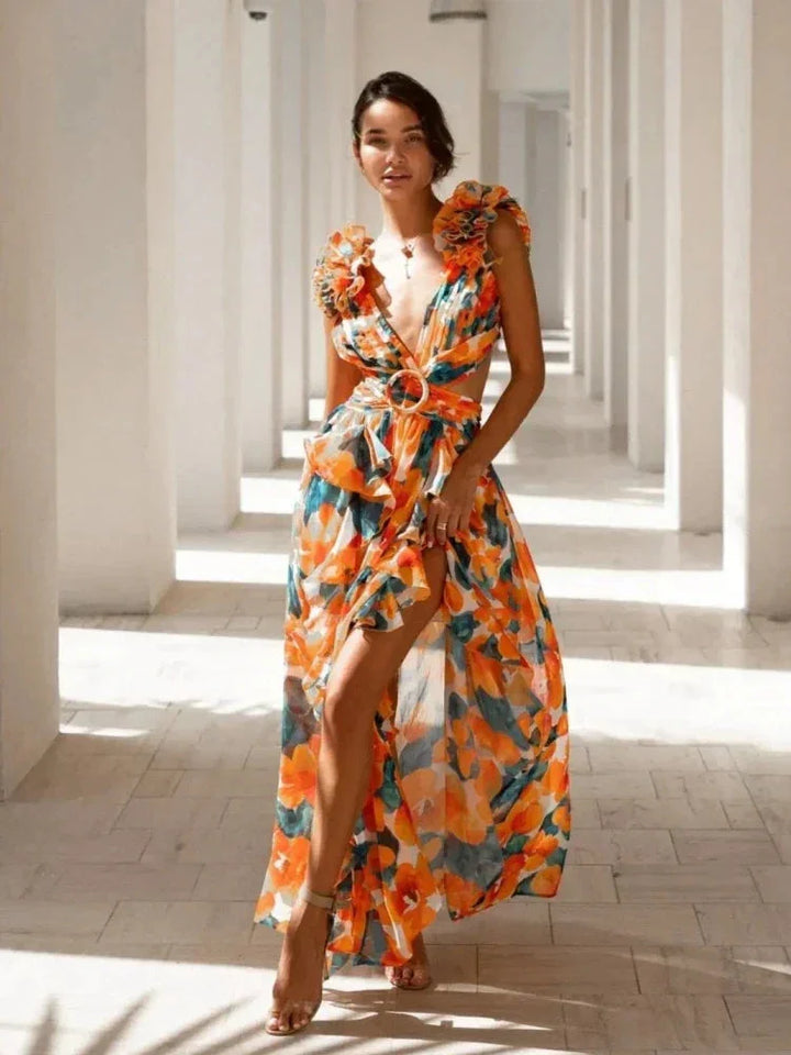 "Black wrap dress with ruffle details, feminine and elegant design, perfect for special occasions"