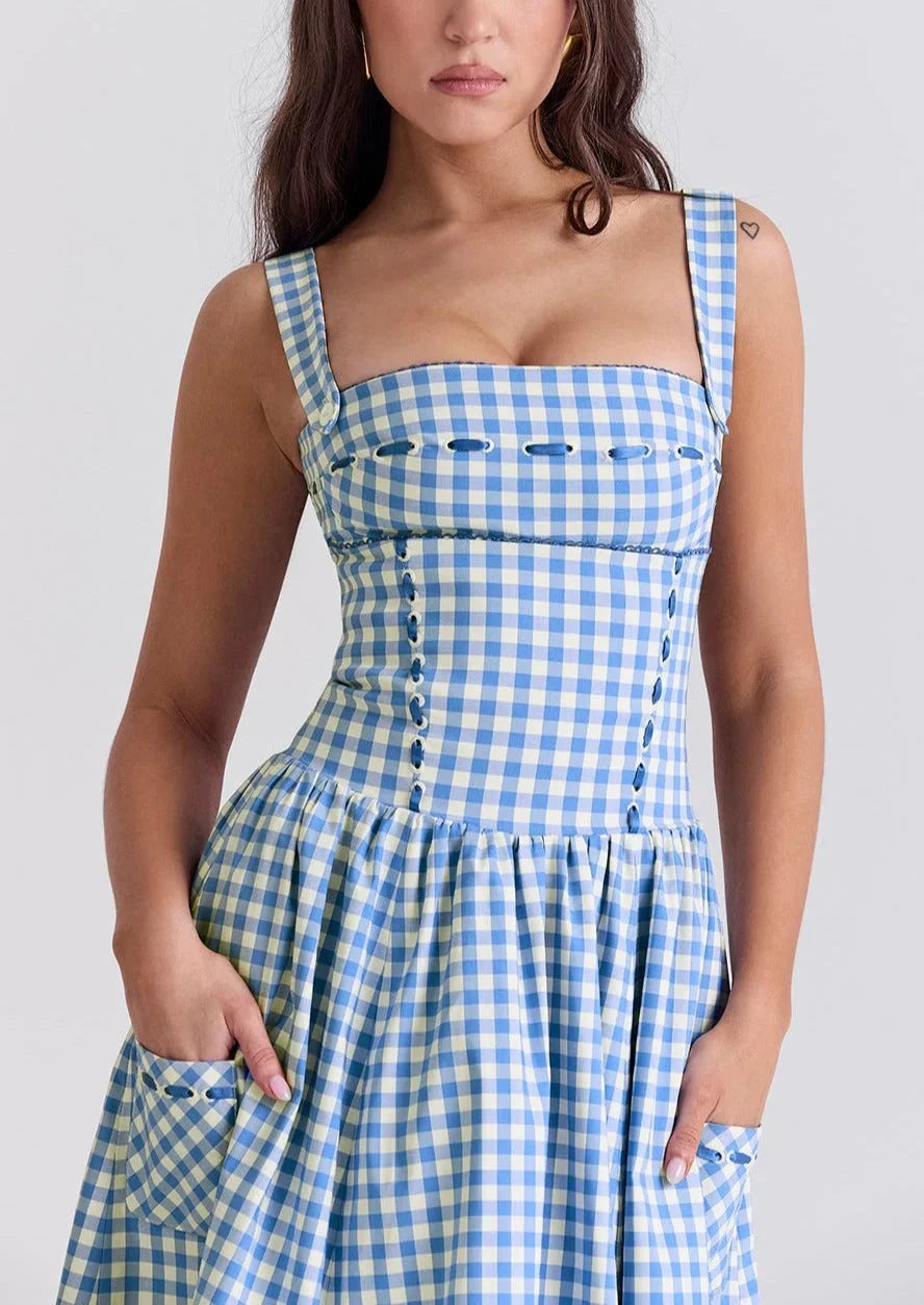 Blue off-shoulder midi dress for women, perfect for summer. Made of lightweight fabric with a flattering fit and…
