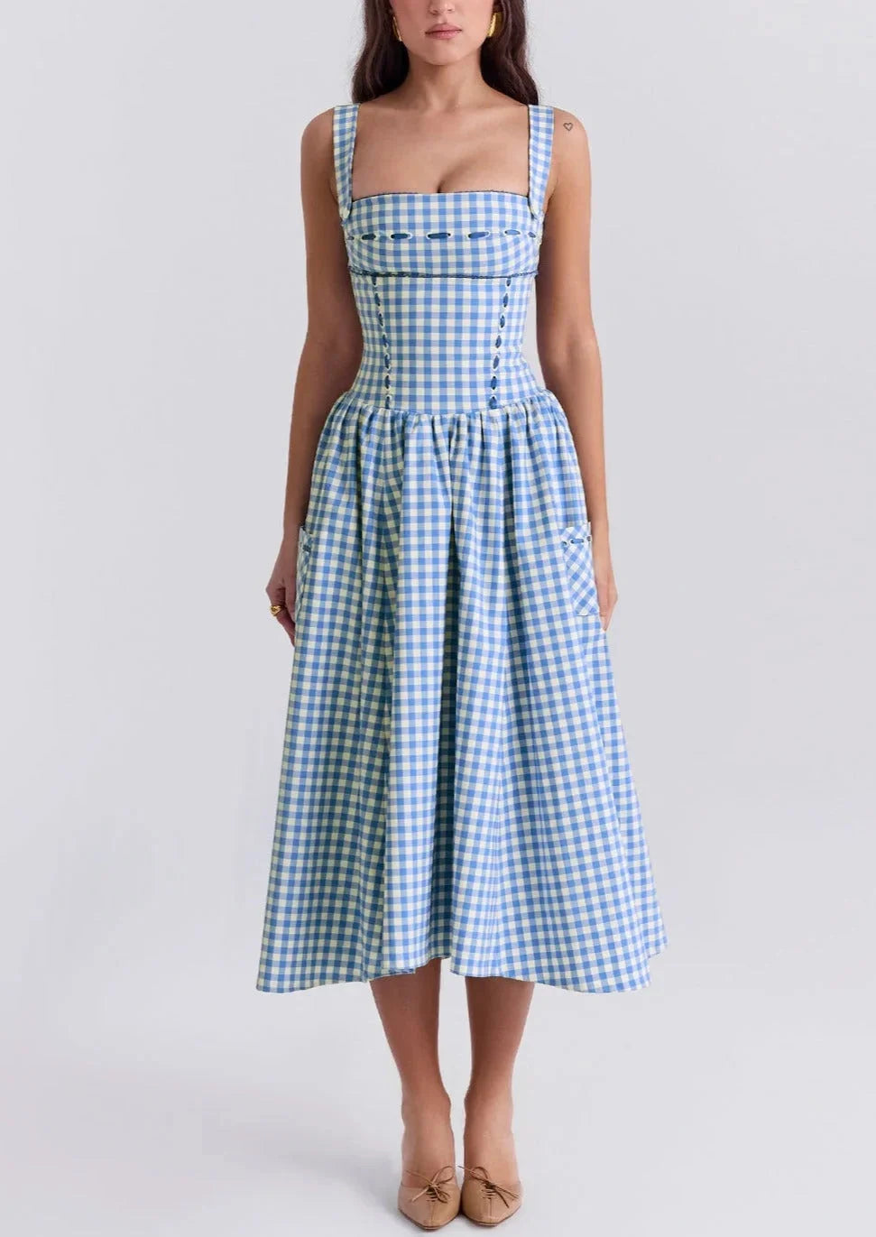 Blue off-shoulder midi dress with a summery vibe for women, featuring a breezy design perfect for warm weather.