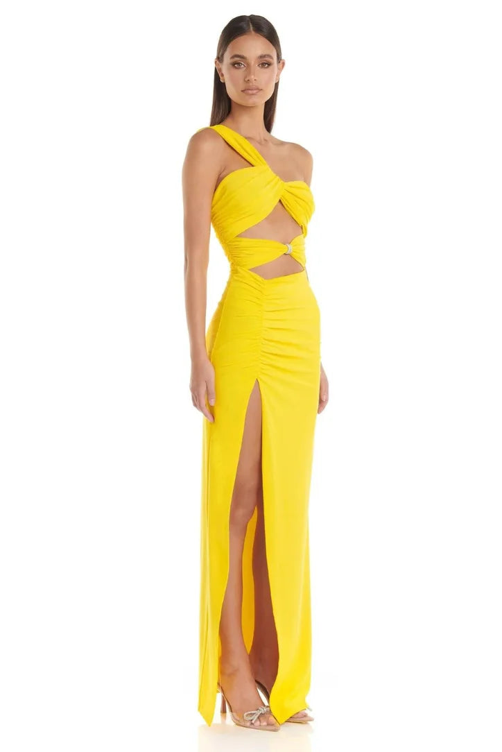 Yellow one-shoulder dress with side cut-out, made of soft & stretchy fabric. Perfect for a stylish night out or special…