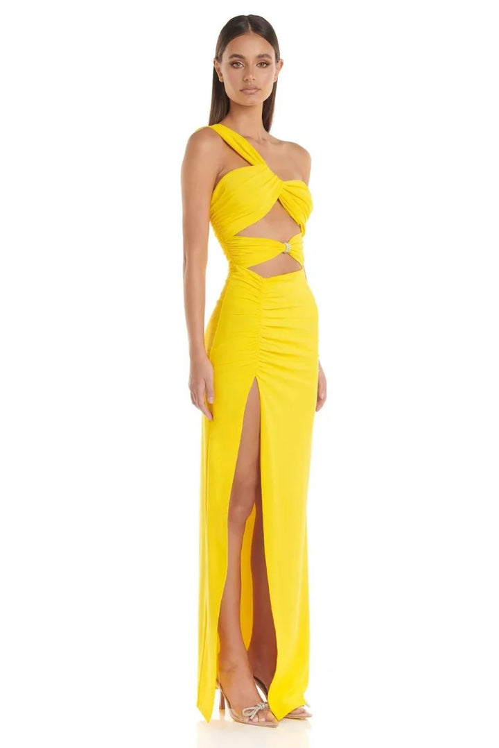 Yellow one-shoulder dress with side cut-out, made of soft & stretchy fabric. Perfect for a stylish night out or special…