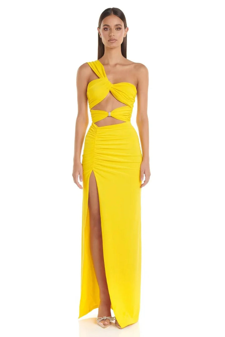Yellow one-shoulder dress with side cut-out made from soft cotton blend. Features a stylish design for a chic and trendy…