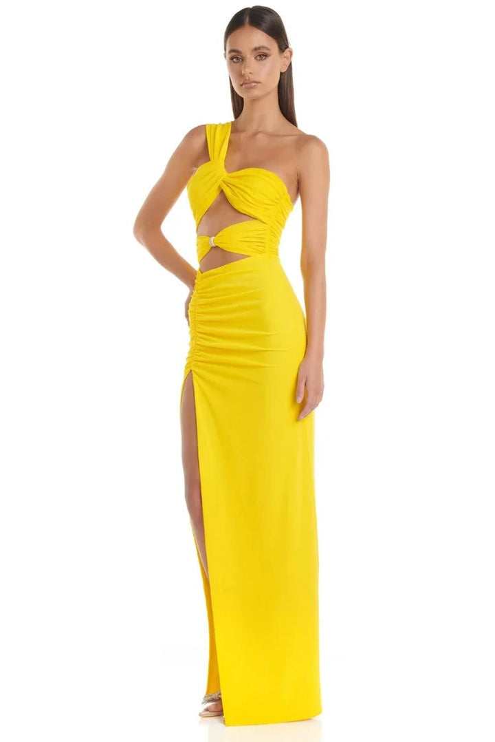 Yellow one-shoulder dress with side cut-out, showcasing a fashionable design and made with high-quality fabric.