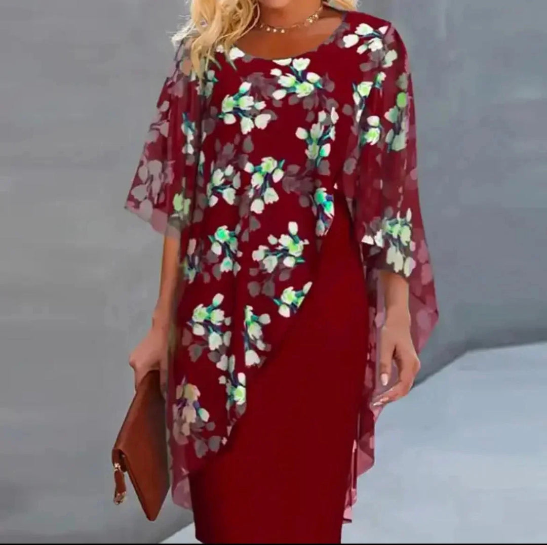 Red shift dress with floral sheer overlay, perfect for any occasion.