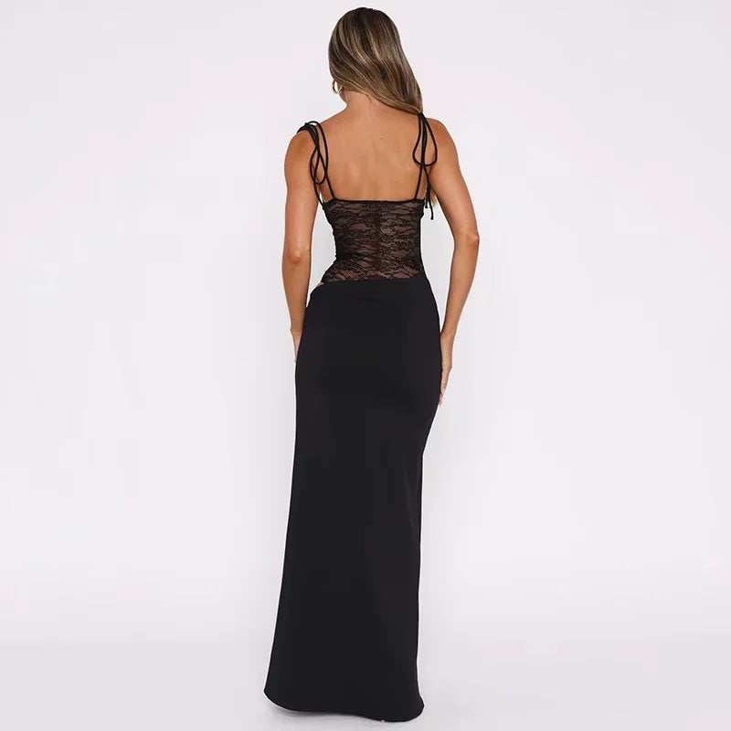 Sleeveless evening maxi dress in black with lace detail, perfect for special occasions.