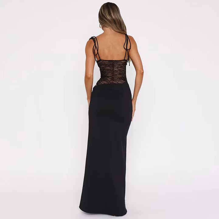 Sleeveless evening maxi dress in black with lace detail, perfect for special occasions.