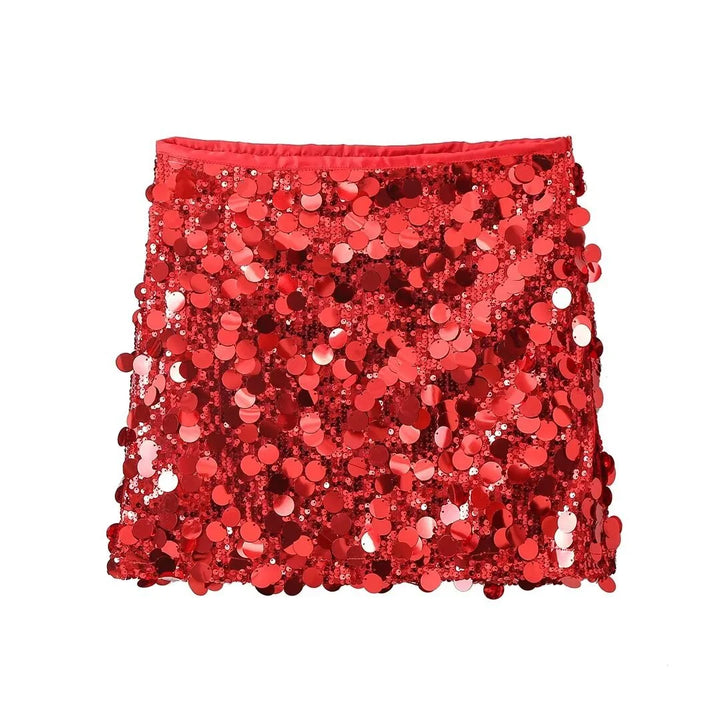 Red sequin mini skirt with a sleek fit, perfect for a night out. Embellished with sparkly sequins for a bold and fun look.
