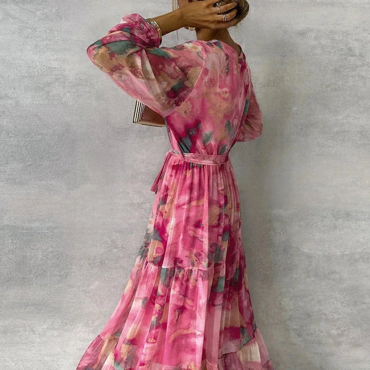 Pink printed long sleeve maxi dress with a beautiful floral pattern for women. Made of soft and lightweight fabric perfect…