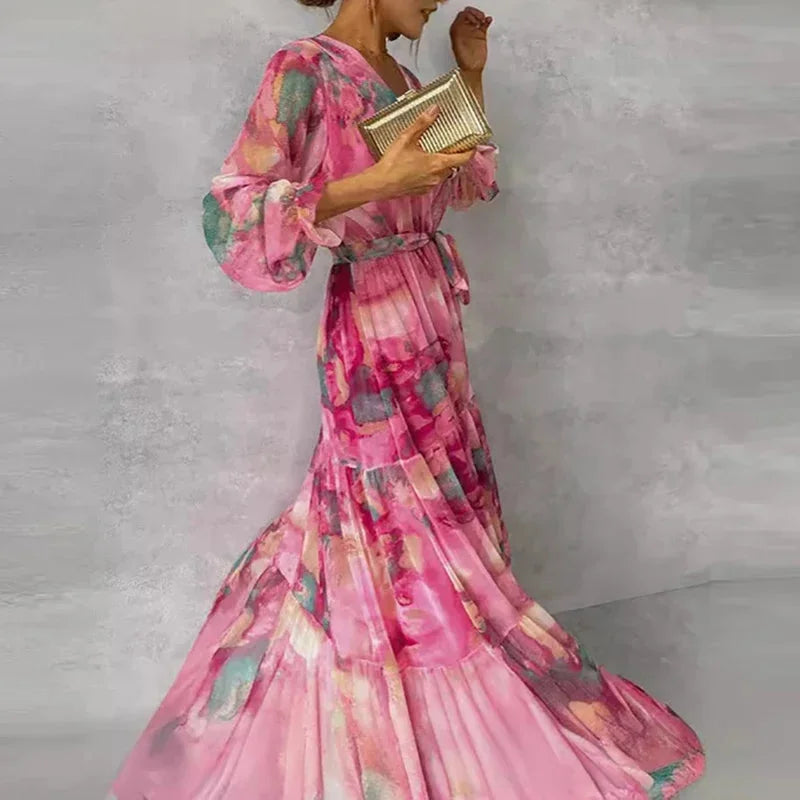 "Valeria - Women's pink printed long sleeve maxi dress with a floral pattern on flowing fabric"
