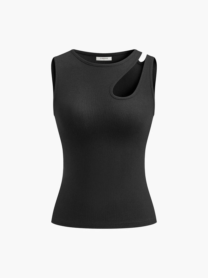Sleeveless top in asymmetrical ribbed knit design, showcasing modern style with a unique silhouette.