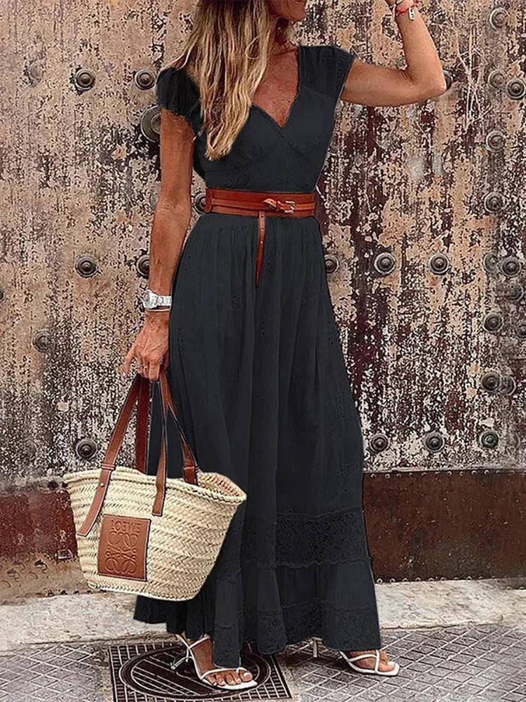Navy lace V-neck maxi dress with belt, elegant and feminine.