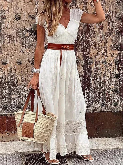 "Xavia V-neck belted lace maxi dress, featuring detailed lace design and a flattering belted waist, perfect for a chic…