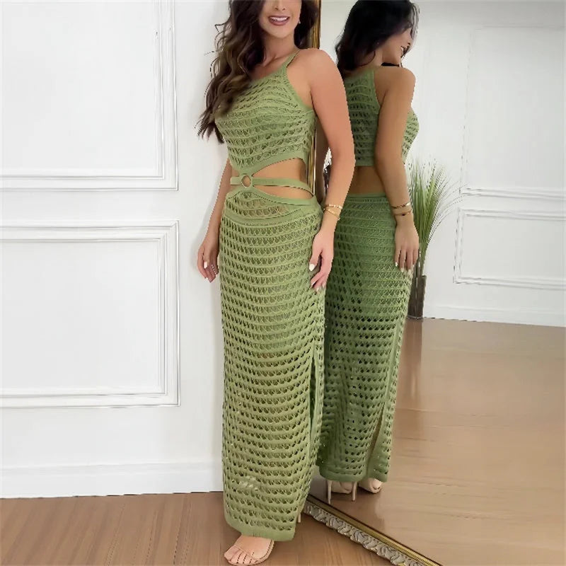 Green two-piece open knit outfit featuring a modern design in a trendy style.
