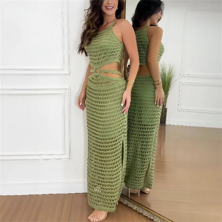 Green two-piece open knit outfit featuring a modern design in a trendy style.