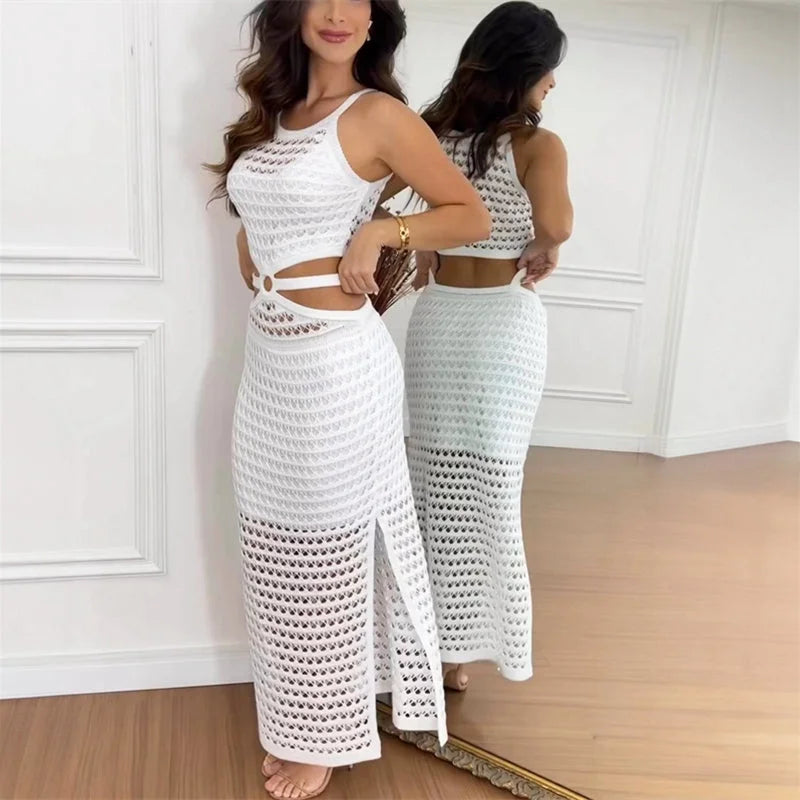 Yamilet two-piece open knit outfit in White, featuring stylish design and breathable material for a chic look.