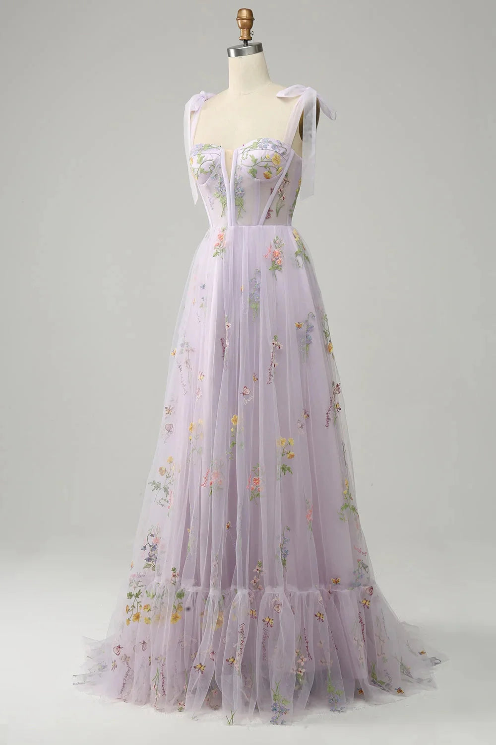 "Yanely tulle dress with sheer overlay, delicate embroidery, perfect for special occasions"