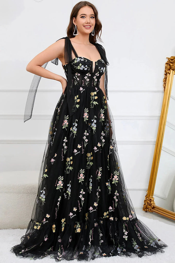 "Yanely tulle dress featuring exquisite embroidery and sheer overlay for a chic look"