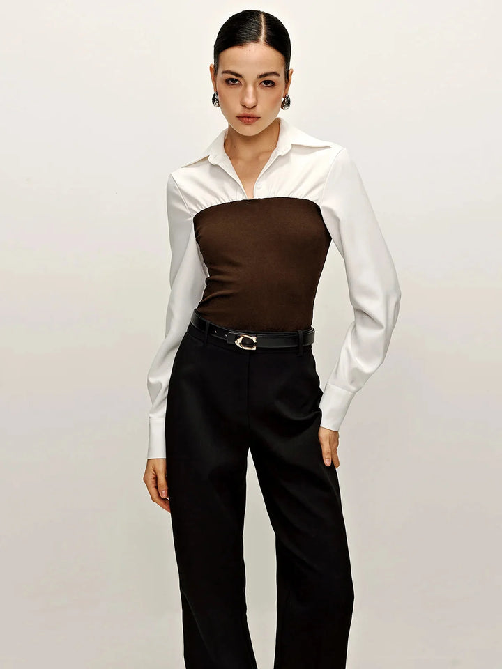 Brown two-tone tailored blouse with collar, crafted from soft cotton blend. Perfect for casual and semi-formal occasions.