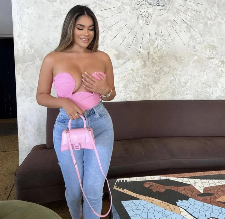 "Yaritza women's strapless bustier with wavy trim, designed in snug fit, perfect for a stylish and comfortable look."