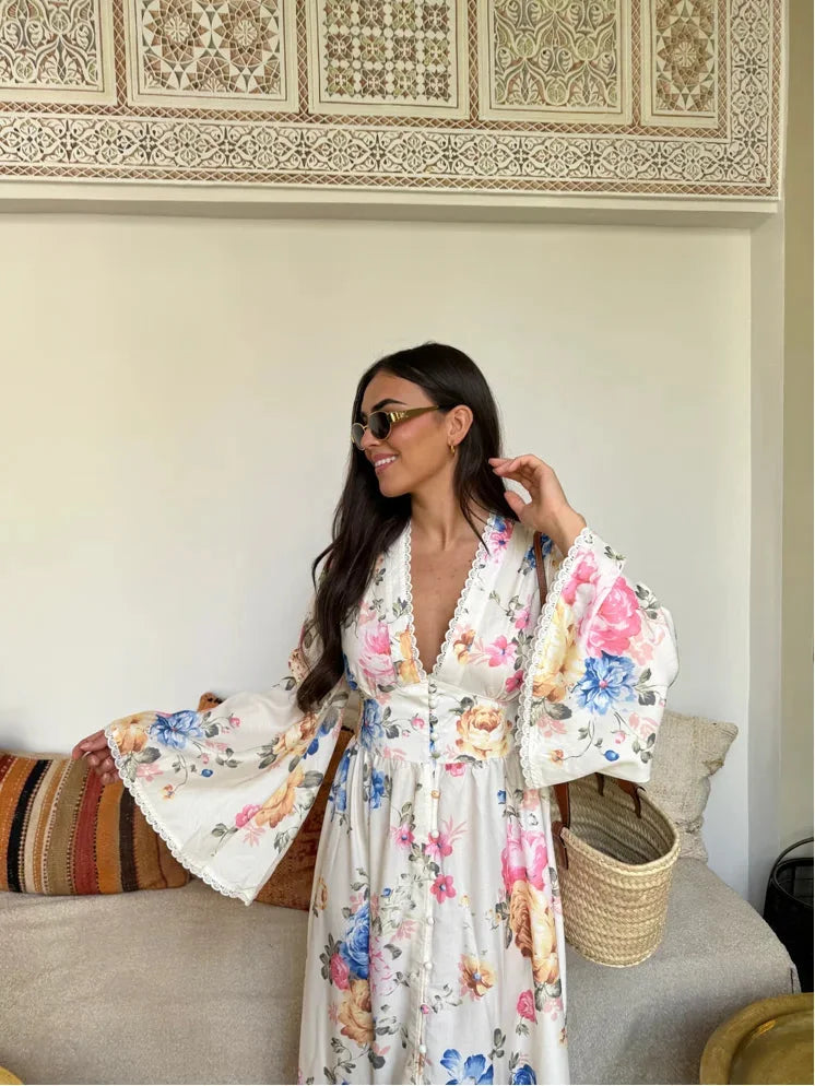 "Yelitza long sleeve boho dress with a floral pattern, made of lightweight and breathable fabric, perfect for a casual or…