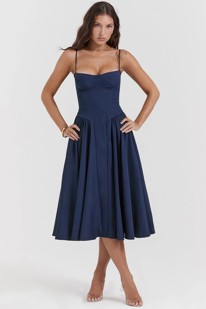 "Navy Blue Yides slimming bodice sundress with flared skirt, made of breathable cotton blend, perfect for a casual yet…