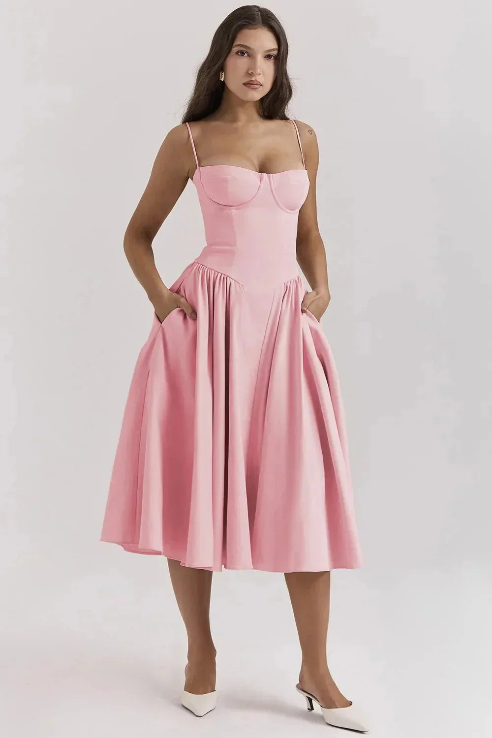 Pink slimming bodice sundress with flared skirt by Yides. Features breathable fabric and flattering silhouette for a chic…