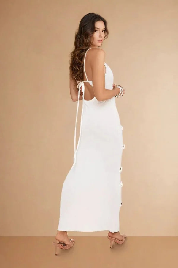 Floral appliqué maxi dress for women with intricate design and quality fabric.