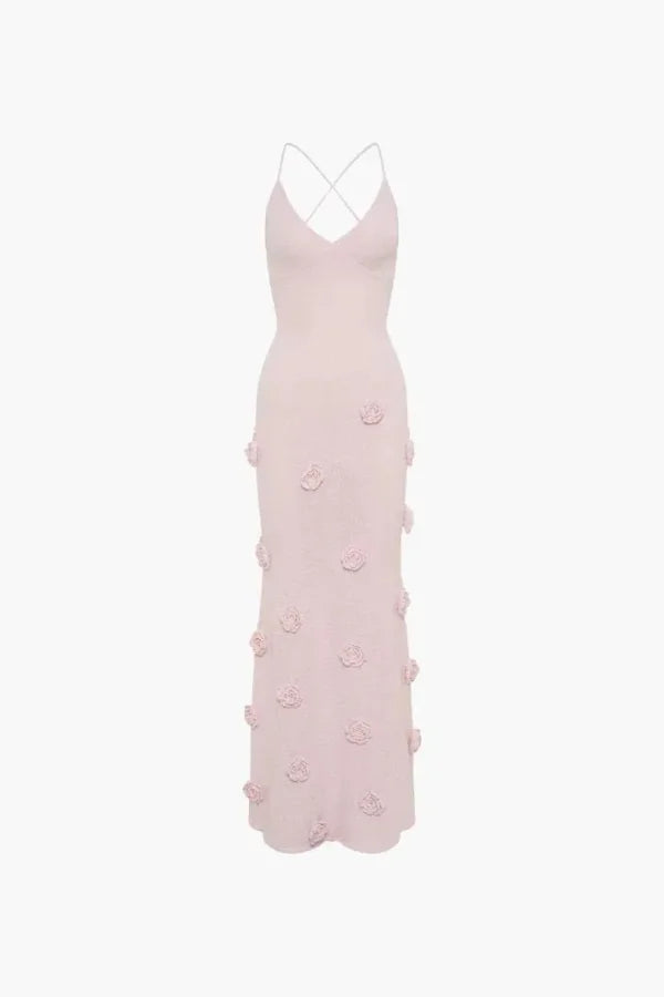 Floral appliqué Lavanda maxi dress with intricate details, perfect for a chic and elegant look.