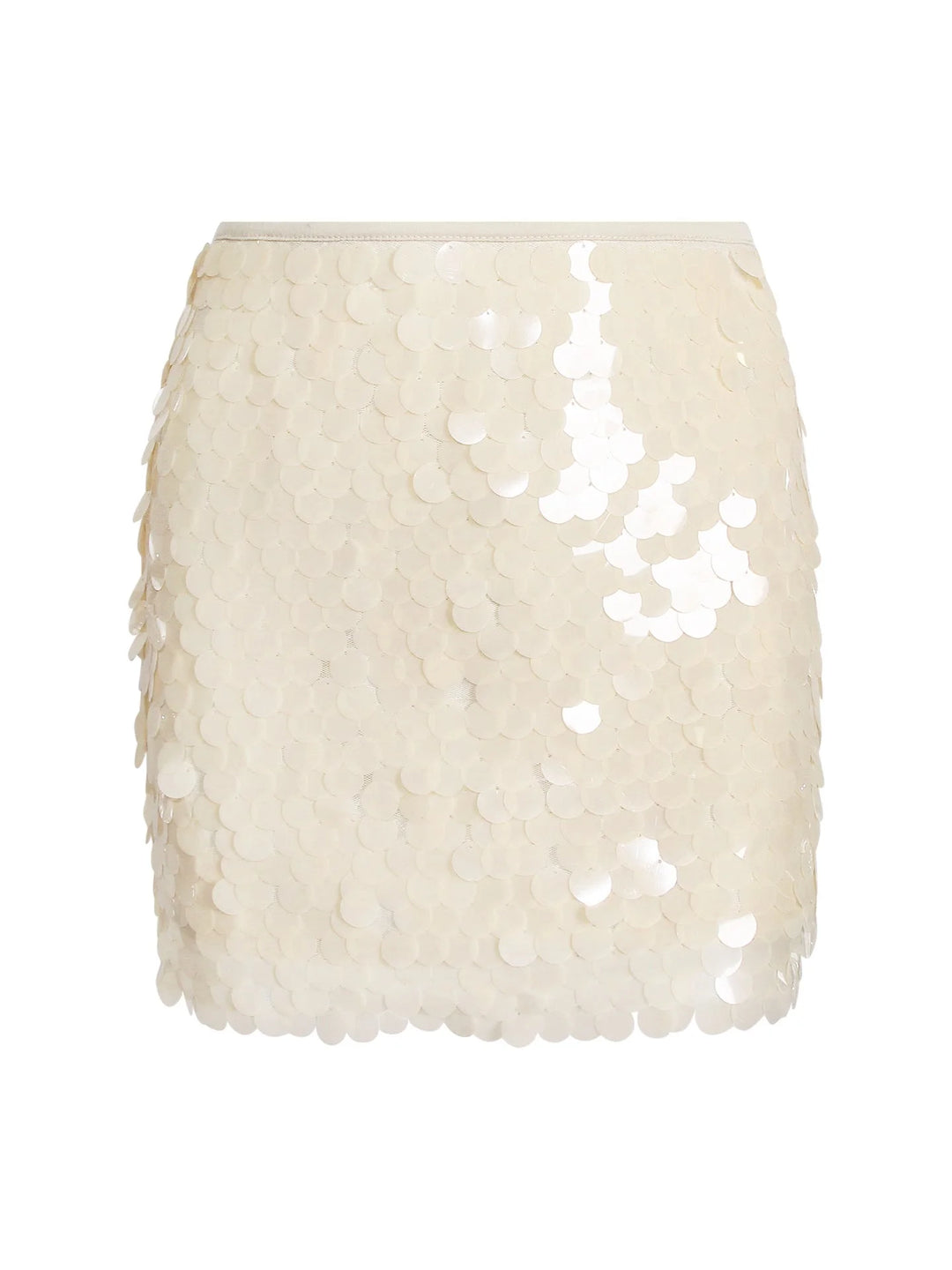 Ivory sequin mini skirt with a shimmering design perfect for a night out or special occasions.
