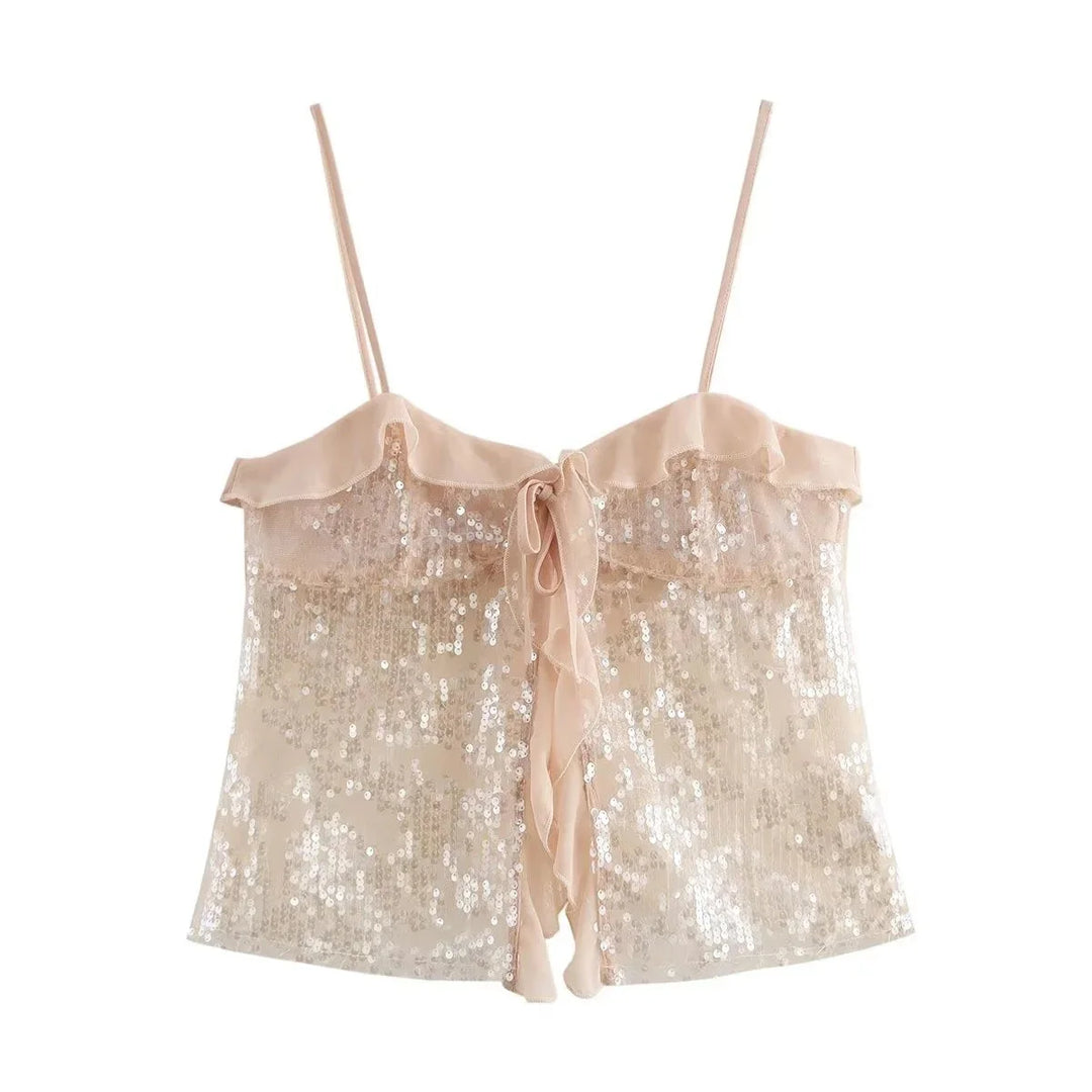 Women's apricot sequin top with sheer ruffle detailing for a stylish and elegant evening look.