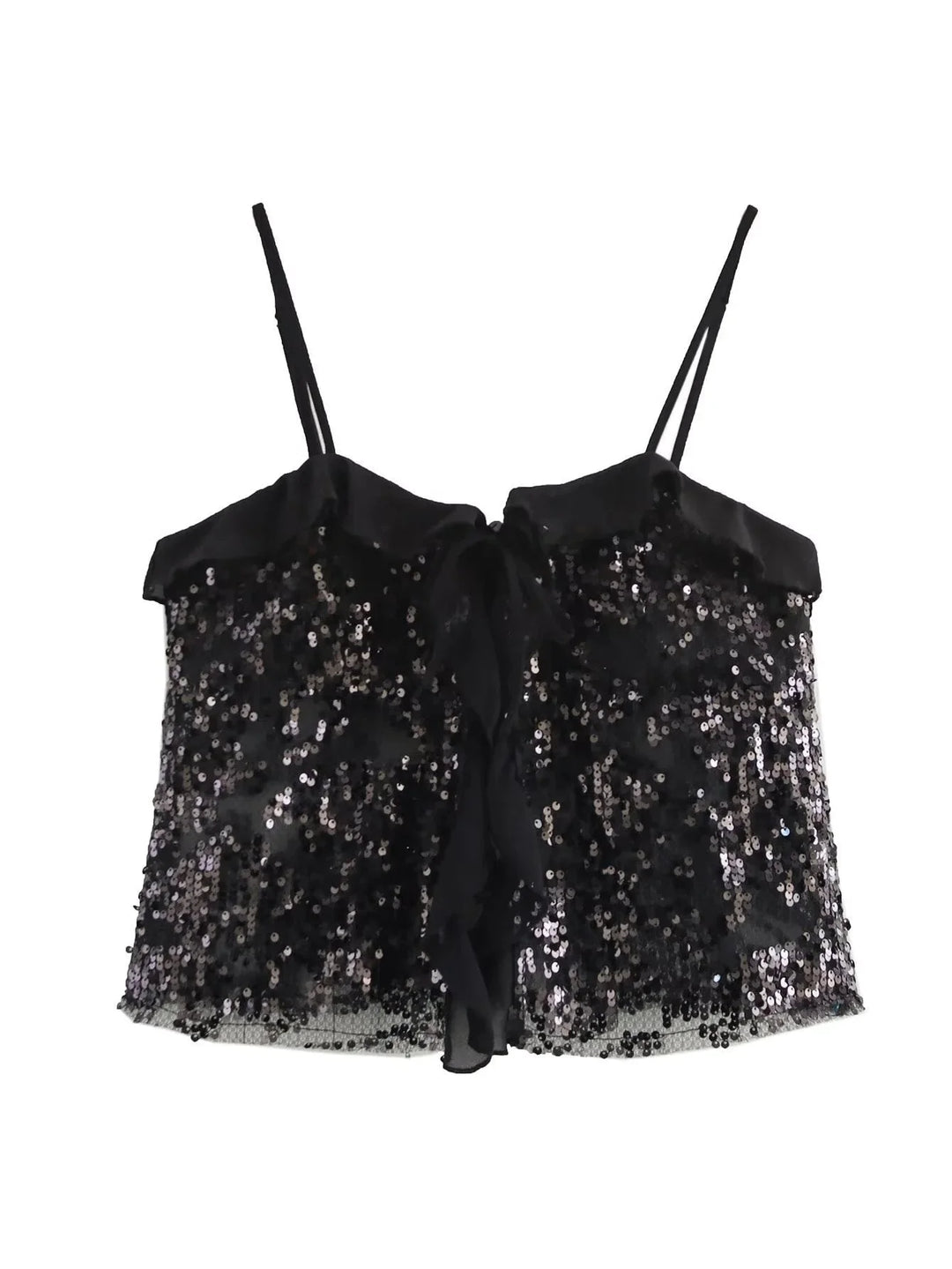 Women's black sequin top with sheer ruffle detail, perfect for adding a touch of sparkle to any outfit.