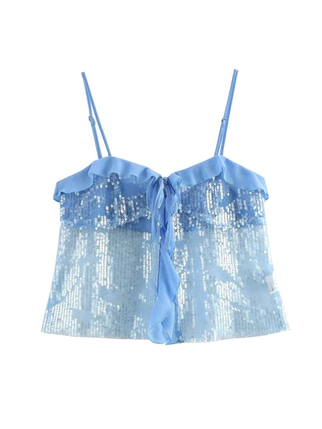 Blue sequin top with sheer ruffle detail for women, adding a touch of playful elegance to your wardrobe.