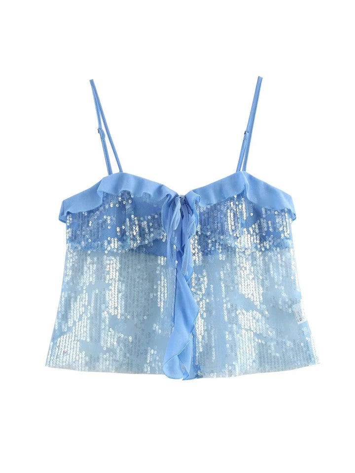 Blue sequin top with sheer ruffle detail for women, adding a touch of playful elegance to your wardrobe.