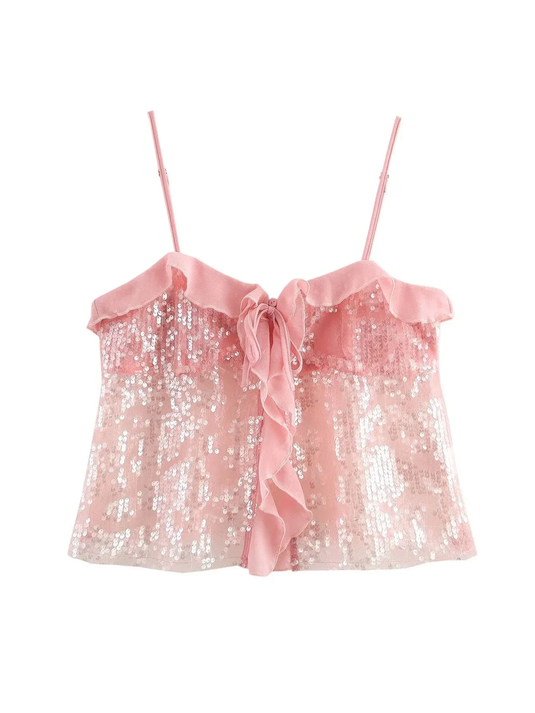 Pink sequin top with ruffle details and sheer fabric for women in Zelda collection.
