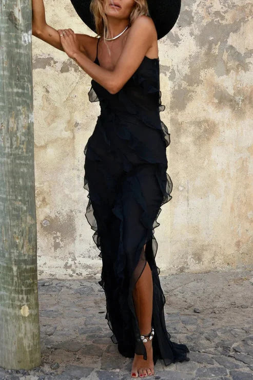 "Zelena V-neck maxi dress in soft chiffon with cascading ruffled layers in emerald green."