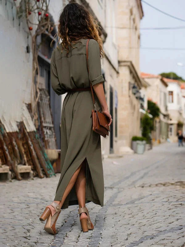 "Zenaida flowy maxi shirt dress in soft cotton blend with detachable belt for versatile styling, featuring a loose fit and…