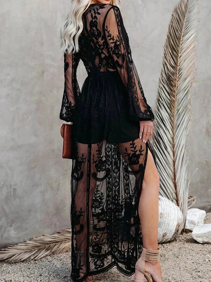 "Zephyr long sleeve sheer lace maxi dress in black, featuring delicate lace details and flowy silhouette, perfect for a…