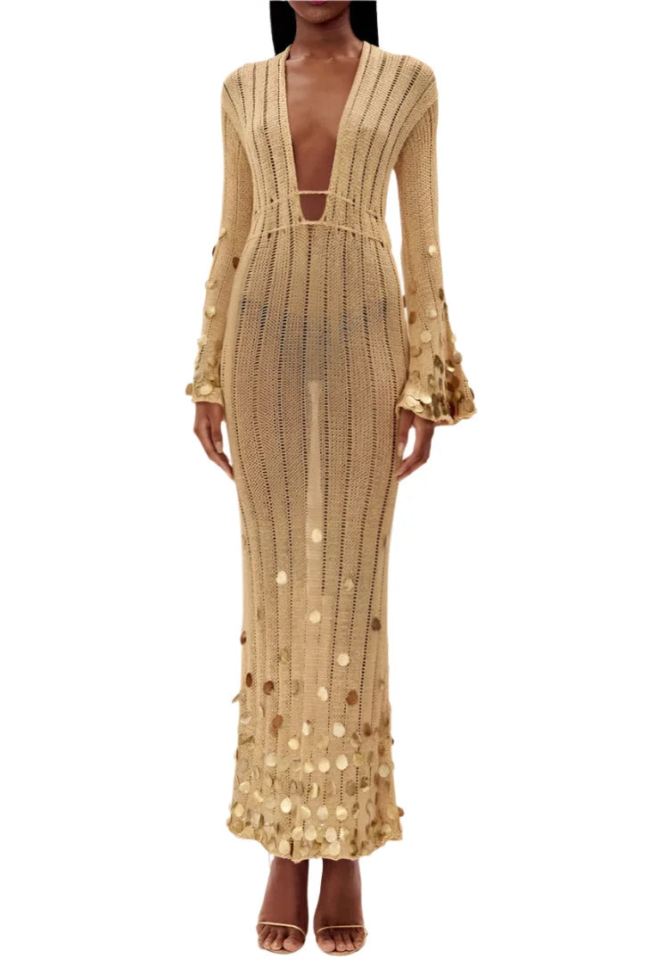Yellow sheer dress with sequin details, perfect for adding a touch of glamour to your outfit.