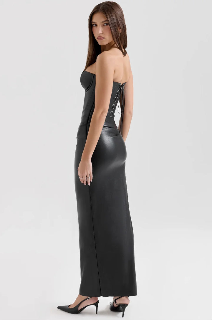 Navy blue strapless maxi dress with fitted bodice and flowing skirt, made from soft cotton blend fabric.