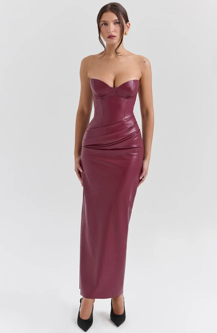 "Burgundy strapless fitted maxi dress by Zya featuring a sleek silhouette and high-quality fabric."